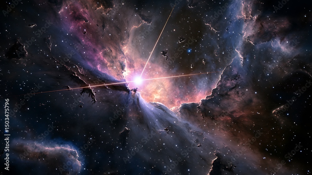 Wall mural view of a pulsar emitting beams of light across vast interstellar space with surrounding gas clouds 