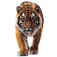 Obraz premium Majestic Bengal Tiger Stalking Forward with Intense Gaze and Striped Pattern