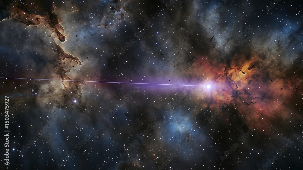 Wall mural view of a pulsar emitting beams of light across vast interstellar space with surrounding gas clouds 