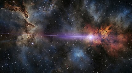 View of a pulsar emitting beams of light across vast interstellar space with surrounding gas clouds and cosmic rays creating a dynamic scene