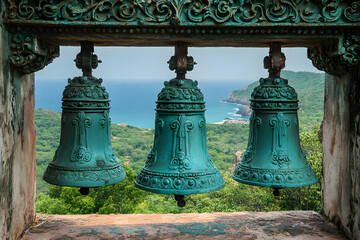 Obraz premium Ornate temple bells with coastal vista.