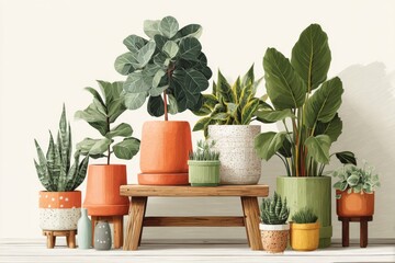 Fototapeta premium Colorful Potted Plants on Wooden Bench