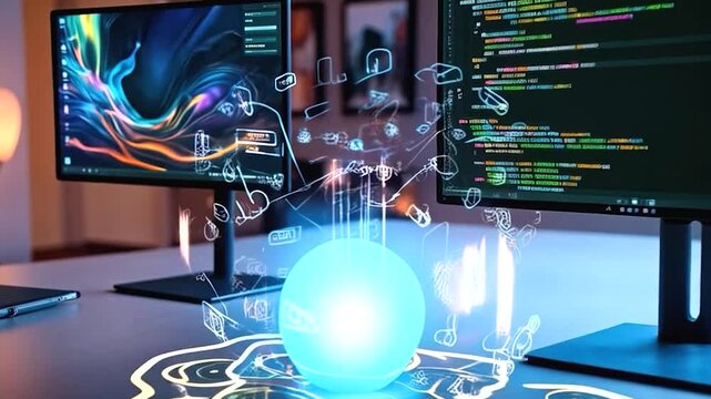 computer network connection with hologram screen, AI