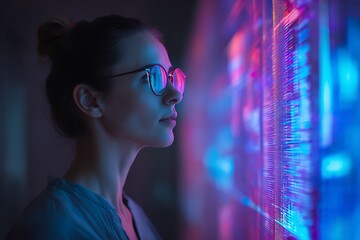 Woman with glasses looking at a screen with blue and pink light reflecting in her glasses