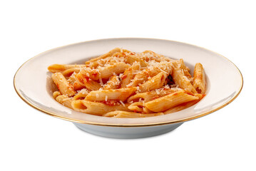 Penne macaroni pasta with tomato sauce and with grated parmesan cheese, penne all'arrabbiata in white plate with golden edge isolated