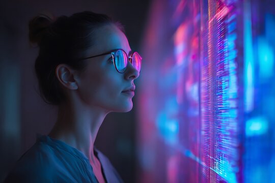 Woman with glasses looking at a screen with blue and pink light reflecting in her glasses