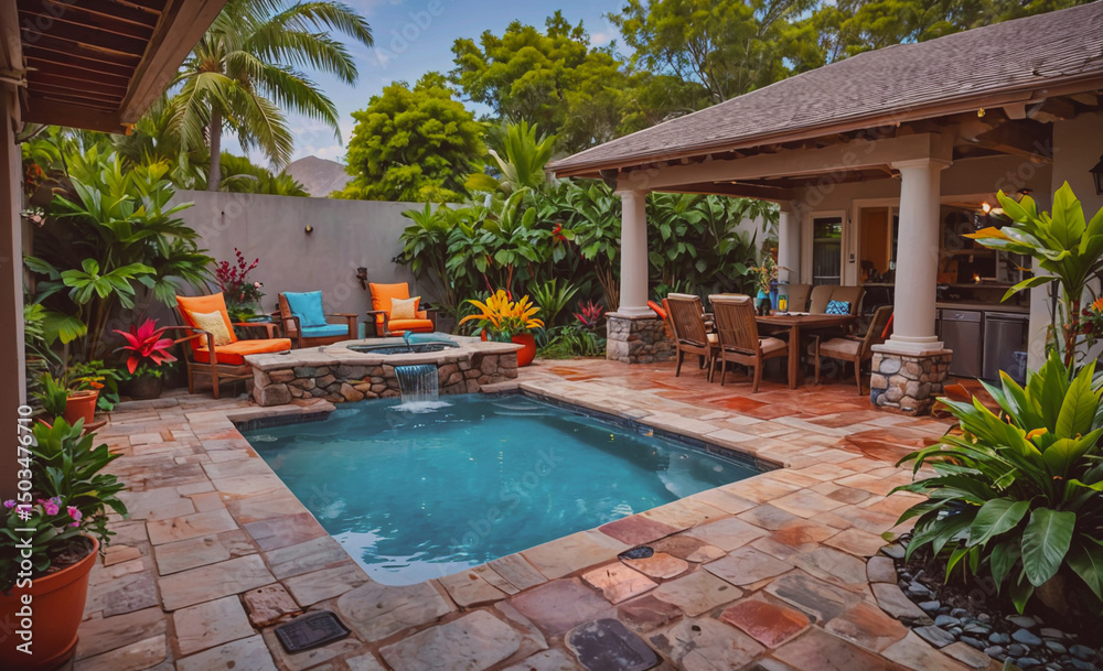 Aufkleber small pool with a waterfall and a patio area with a dining table and chairs. the patio is surrounded