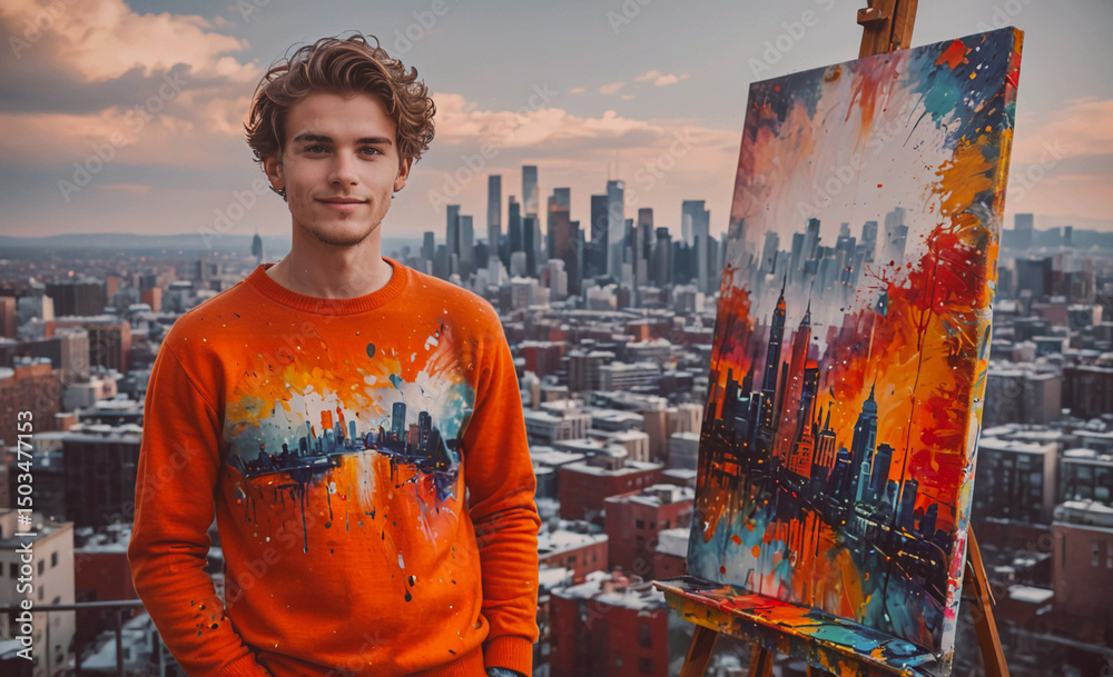 Poster man in an orange sweater stands in front of a painting of a city. the painting is colorful and has a