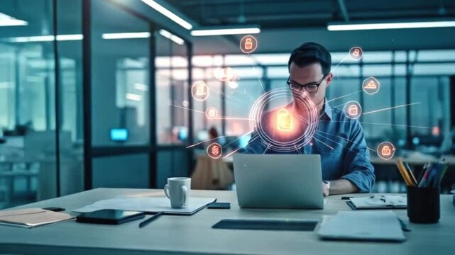 businessman in office with hologram screen, AI