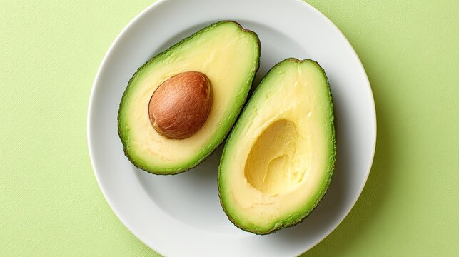 Avocado Slice Green Fruit Halves on a White Plate.