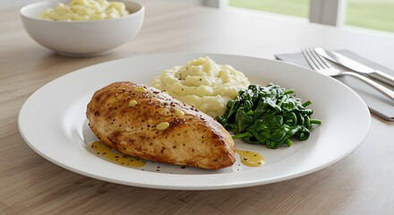 Healthy Chicken Breast Meal with Mashed Potatoes and Spinach (Generative AI)