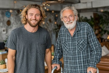 Generational Bond A Heartwarming Portrait of Two Men with a Walker in a Cozy Home Setting
