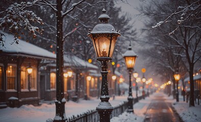 Street scene with a lamp post lit up in the snow. The street is empty and quiet, with only a few people walking by. The snow-covered ground and the warm light from the lamp post create a cozy and