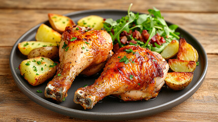 Two appetizing grilled chicken legs served with roasted potatoes and fresh green salad on a gray plate now.