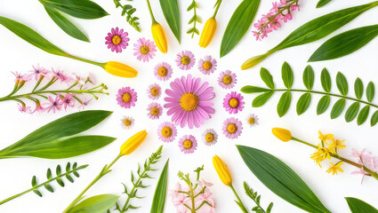 Bright mandala-style composition made of green leaves, yellow buds, and pink flowers, arranged symmetrically on a white background.
