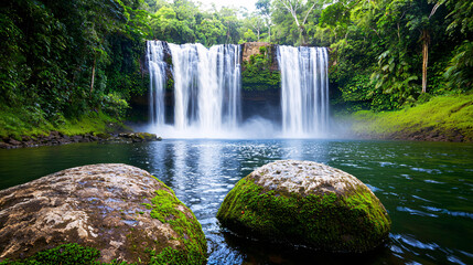 Obraz premium Majestic waterfalls cascade into a serene pool surrounded by lush green tropical vegetation in the jungle.