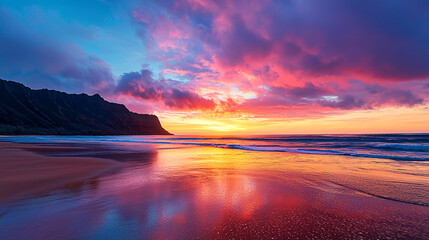 A stunning sunset paints the wet sand and ocean with vibrant colors near the dark silhouette mountains.