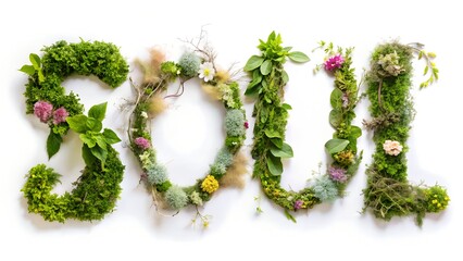 
Eco-friendly inscription " SOUL" is a precise inscription of letters composed of natural elements: leaves, flowers, moss and twigs. Light pastel shades and natural texture give the letter a lively, n
