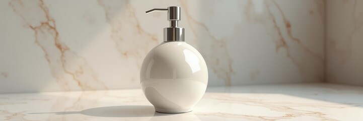 Obraz premium Elegant white pump bottle on a marble surface, perfect for cosmetic, skincare, or home decor designs.