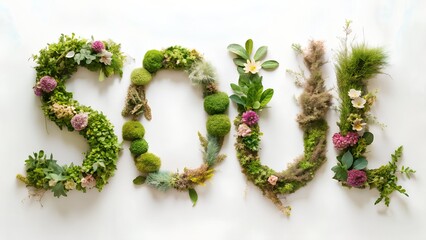 
Eco-friendly inscription " SOUL" is a precise inscription of letters composed of natural elements: leaves, flowers, moss and twigs. Light pastel shades and natural texture give the letter a lively, n