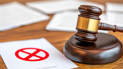 The wooden gavel rests near a document with a red X, implying a legal rejection or denial concept.