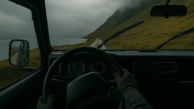 A 4x4 off road vehicle driving through a wet terrain on a cloudy day.