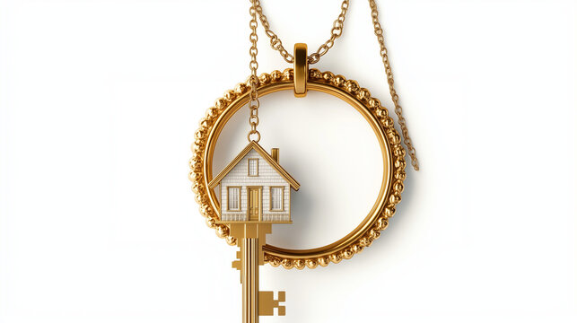 Golden necklace with a house-shaped key pendant symbolizing real estate, homeownership, and property investment, isolated on a white background.