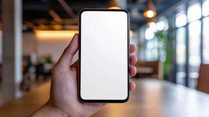 Holding a blank smartphone with a white screen over blurred office desk in well lit modern workspace.