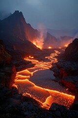 Fototapeta premium Glowing Lava Flowing Through Dark Volcanic Rocks at Night