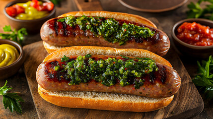 Two grilled sausages are arranged beautifully on buns topped with vibrant green chimichurri sauce and condiments.