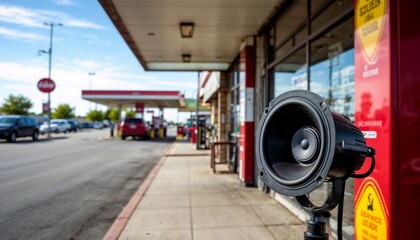 Fototapeta premium Outdoor speaker mounted on wall at gas station with cars nearby 