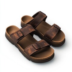 Brown leather sandals, two pairs, buckled straps, chunky sole