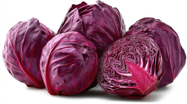 Red Cabbage Heads Fresh with Vibrant Purple Vegetables Still Life on White.