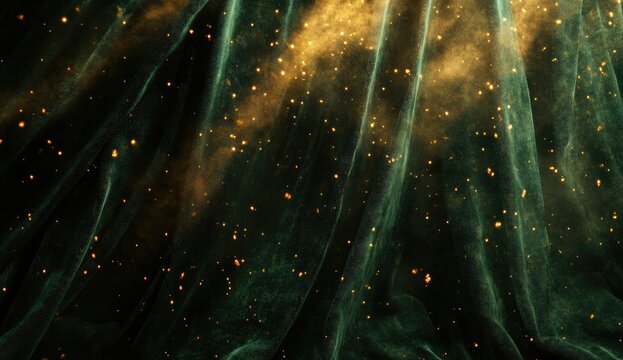 Deep emerald velvet draped fabric with golden glitter