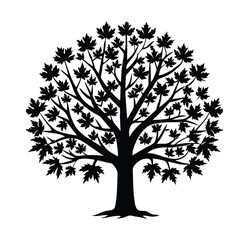 A stylized vector tree silhouette with roots, illustrating nature's green leaf and branch design through all seasons, symbolizing growth and life