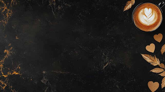 Dark surface with coffee, gold accents, and decorative hearts.