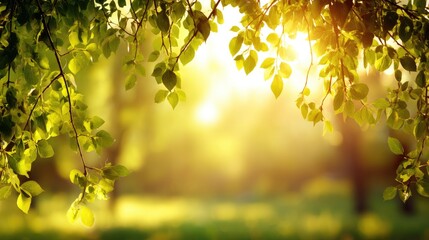 Obraz premium Golden Canopy Sunlit Leaves Frame a Serene Summer Park.