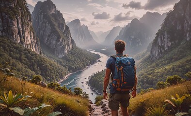 Man is hiking in the mountains with a backpack on his back. The mountains are covered in trees and the river is flowing through the valley. The man is looking out over the landscape, taking in the