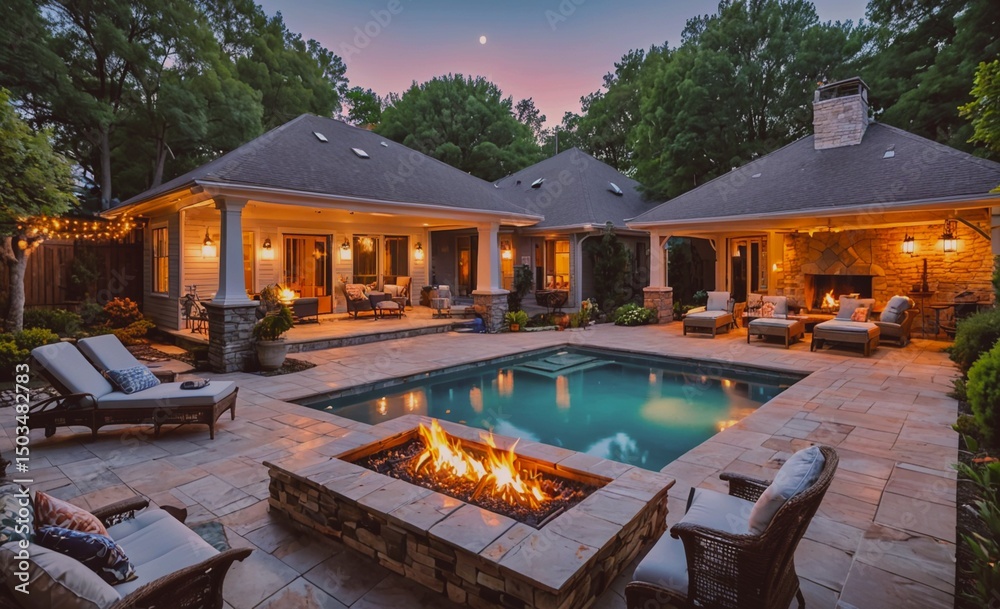 Poster large house with a pool and a fireplace. the pool is surrounded by chairs and the fireplace is lit. 