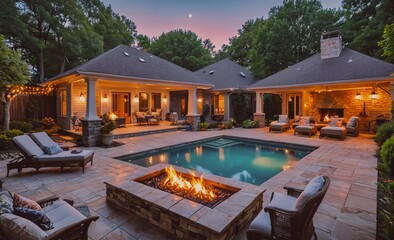 Large house with a pool and a fireplace. The pool is surrounded by chairs and the fireplace is lit. Scene is warm and inviting
