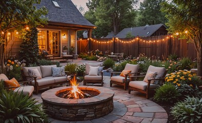 Backyard with a fire pit and a patio with several chairs and couches. The fire pit is surrounded by a stone wall and there are several potted plants in the area. The atmosphere is cozy and inviting