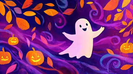 Joyful little ghost dancing with its shadow surrounded by jack-o'-lanterns and swirling autumn leaves Generative AI