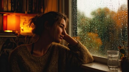 Woman gazing out a rain streaked window with a glass of water nearby on a dark and moody day