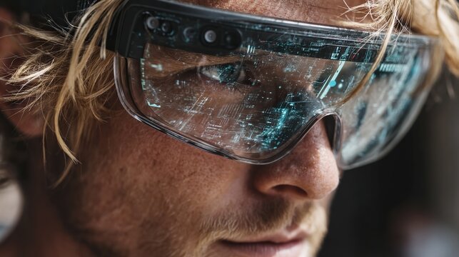 Close up shot of a person wearing futuristic augmented reality glasses with a digital display overlay
