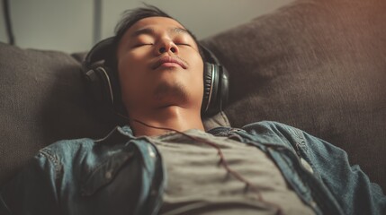 Obraz premium Man with headphones resting on a couch with eyes closed and wearing a denim shirt in a dim lit room