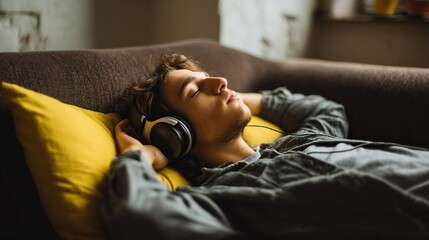 Fototapeta premium A young man relaxing on a couch with headphones and a yellow pillow enjoying music with closed eyes
