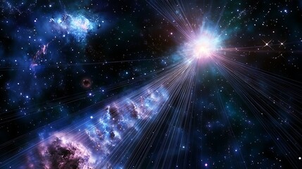 Illustration of cosmic strings stretching across the universe representing remnants of early universe conditions and theoretical physics concepts