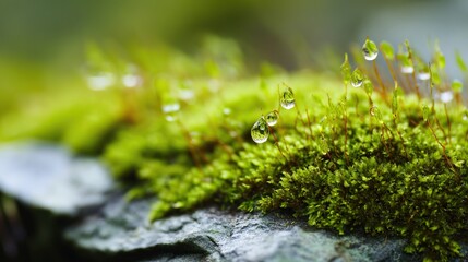 Fototapeta premium Close up of green moss with water droplets clinging to the tips of the moss leaves on a rock surface