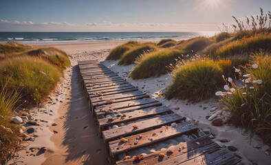 Wooden boardwalk leads to the beach. The boardwalk is lined with tall grass and rocks. The beach is calm and peaceful, with the sun shining brightly in the sky