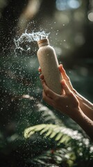 A person's hands holding a speckled water bottle with water splashing out in a lush green environment